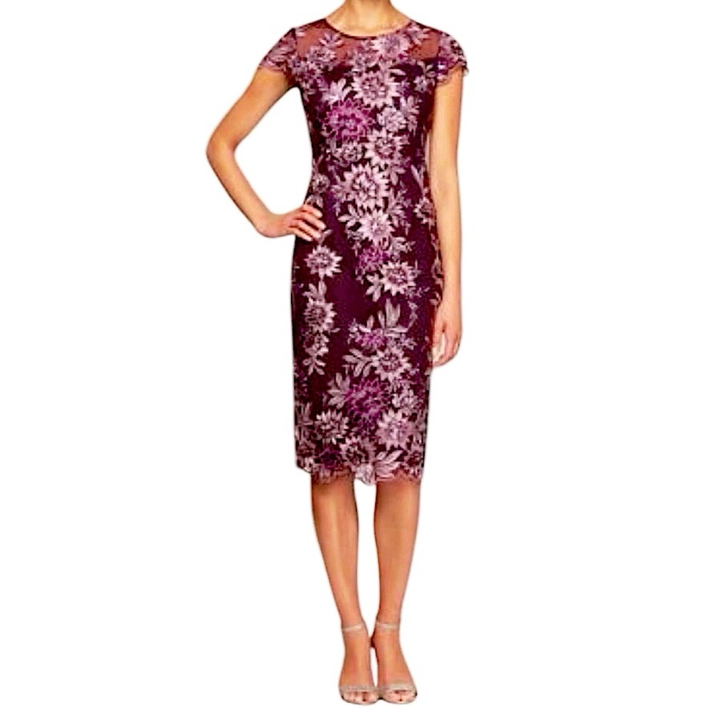 Alex Evenings Floral Embroidered Plum Cocktail Sheath Dress With Sequins Size 12
